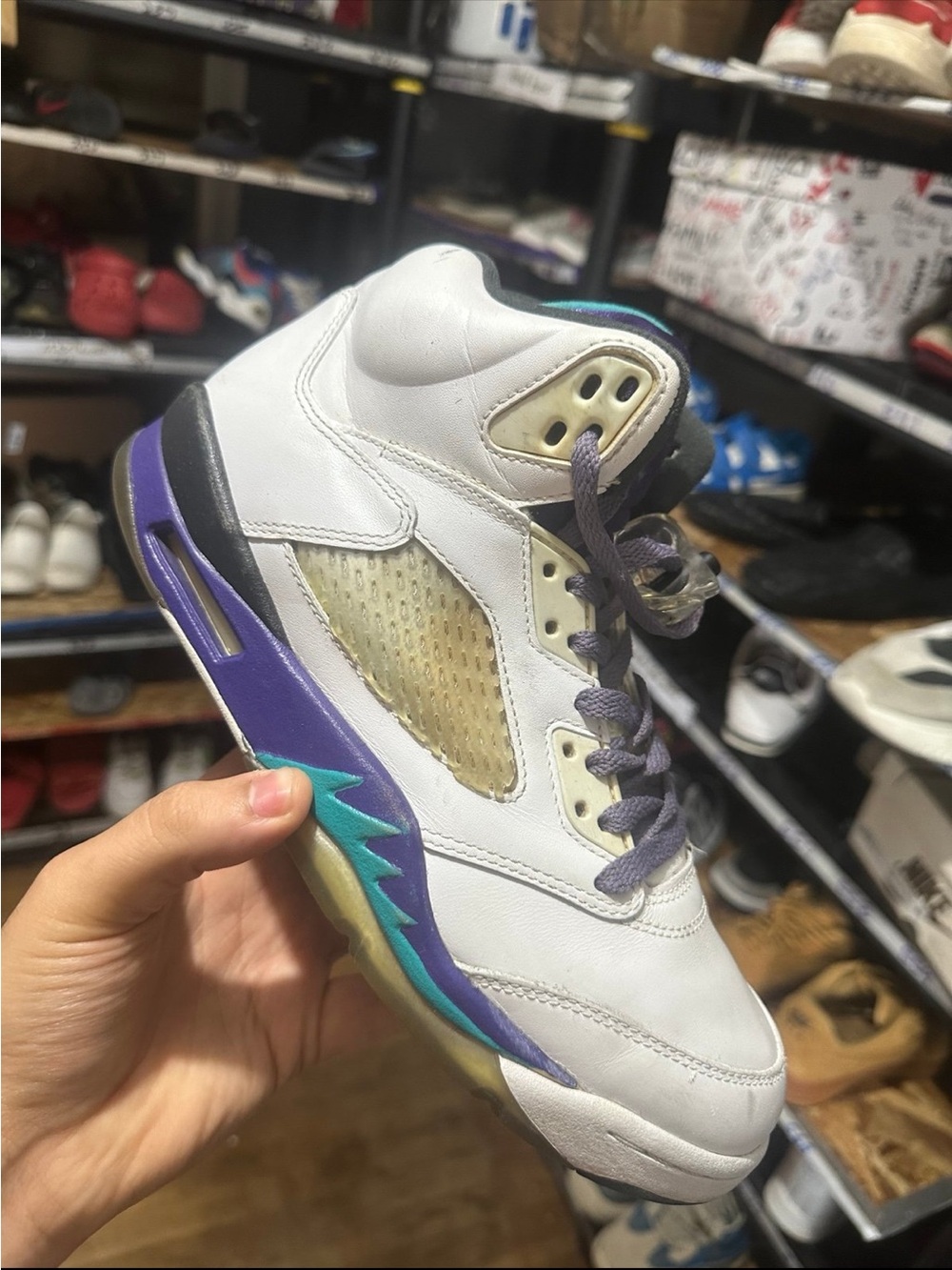 White Retro Basketball Sneaker with Purple & Teal Accents